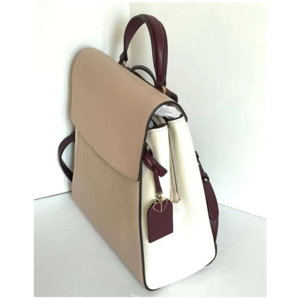 Kate Spade Grace Medium Backpack Beige Colorblock Leather Flap